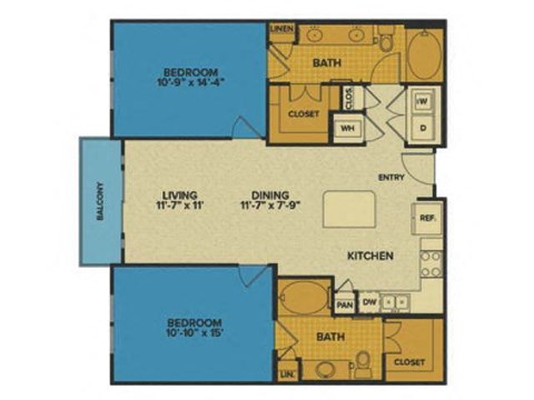 Floor plan for 2 beds, 2 baths, 1104 sqft