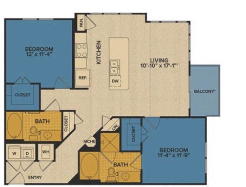 Floor plan for 2 beds, 2 baths, 1098 sqft