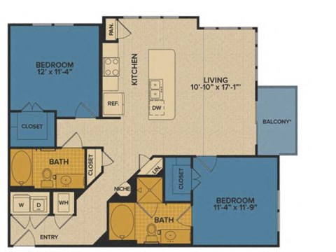 Floor plan for 2 beds, 2 baths, 1095 sqft