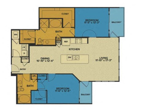 Floor plan for 2 beds, 2 baths, 1382 sqft