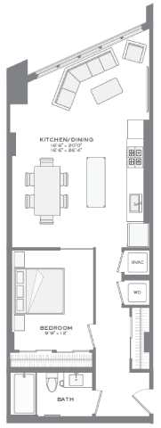 Floor plan for 1 bed, 1 bath, 784 sqft