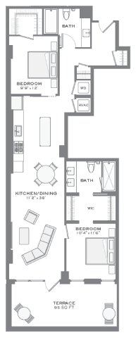 Floor plan for 2 beds, 2 baths, 1193 sqft
