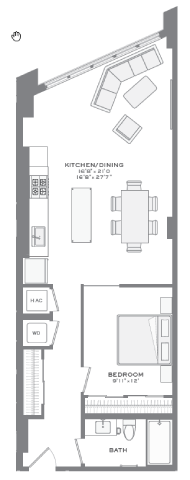 Floor plan for 1 bed, 1 bath, 742 sqft