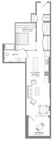 Floor plan for 1 bed, 1 bath, 759 sqft