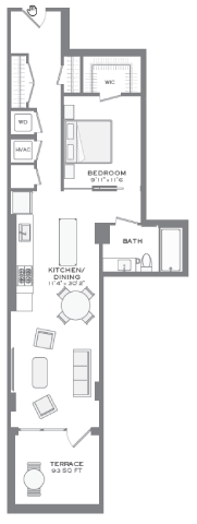 Floor plan for 1 bed, 1 bath, 802 sqft