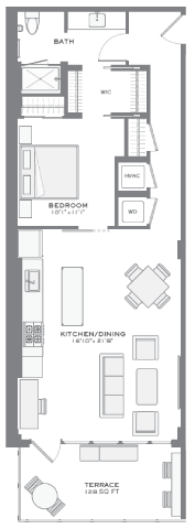 Floor plan for 1 bed, 1 bath, 838 sqft