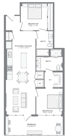 Floor plan for 2 beds, 2 baths, 970 sqft