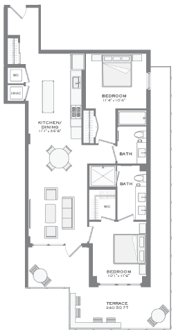 Floor plan for 2 beds, 2 baths, 1034 sqft