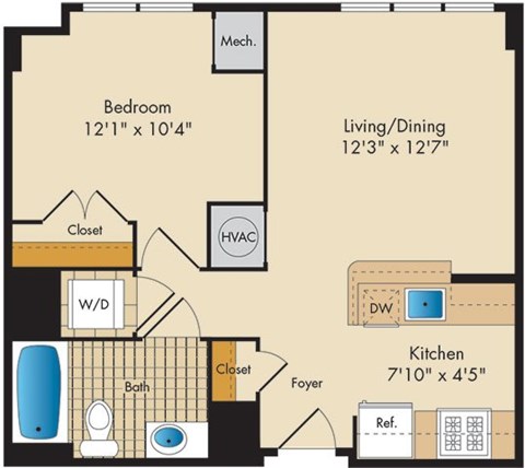 Floor plan for 1 bed, 1 bath, 539 sqft