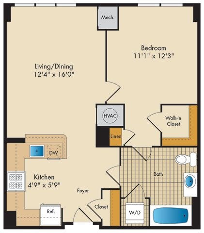 Floor plan for 1 bed, 1 bath, 643 sqft