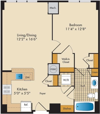 Floor plan for 1 bed, 1 bath, 645 sqft