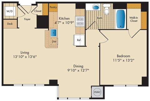 Floor plan for 1 bed, 1 bath, 752 sqft