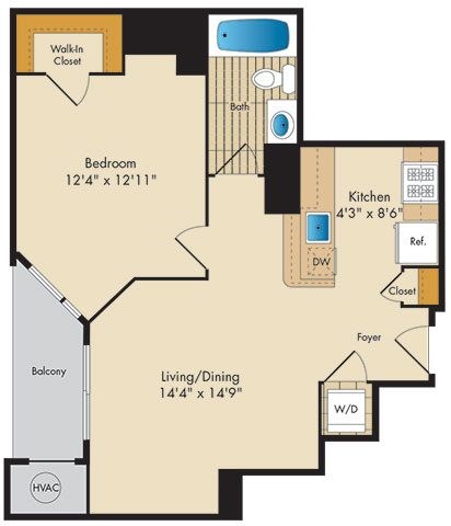 Floor plan for 1 bed, 1 bath, 640 sqft