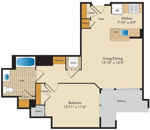 Floor plan for 1 bed, 1 bath, 667 sqft