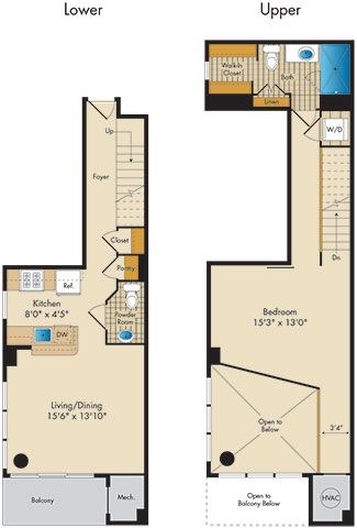 Floor plan for 1 bed, 1.5 baths, 926 sqft