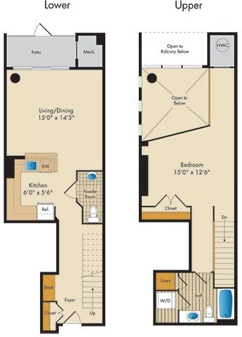 Floor plan for 1 bed, 1.5 baths, 1007 sqft