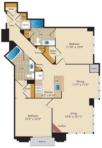 Floor plan for 2 beds, 2 baths, 1023 sqft