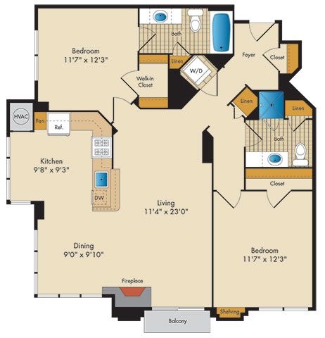 Floor plan for 2 beds, 2 baths, 1130 sqft