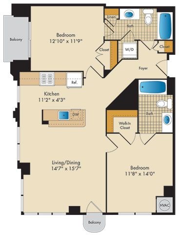 Floor plan for 2 beds, 2 baths, 950 sqft