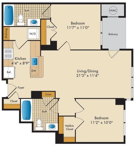 Floor plan for 2 beds, 2 baths, 857 sqft