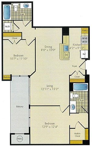 Floor plan for 2 beds, 2 baths, 977 sqft