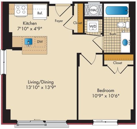 Floor plan for 1 bed, 1 bath, 621 sqft