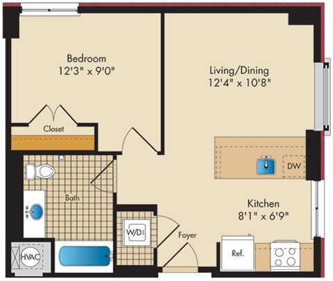 Floor plan for 1 bed, 1 bath, 590 sqft