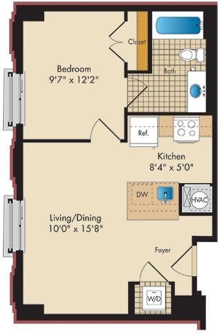 Floor plan for 1 bed, 1 bath, 568 sqft