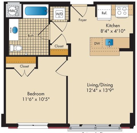 Floor plan for 1 bed, 1 bath, 597 sqft