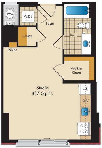 Floor plan for studio, 1 bath, 487 sqft