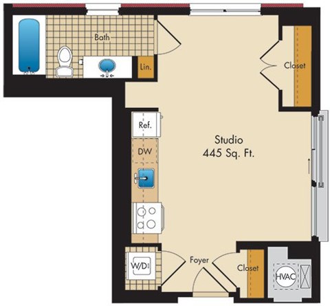 Floor plan for studio, 1 bath, 445 sqft