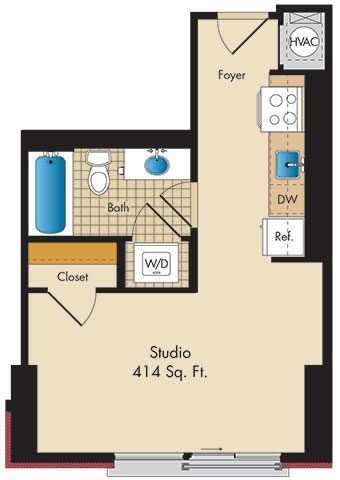 Floor plan for studio, 1 bath, 414 sqft