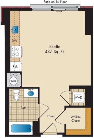 Floor plan for studio, 1 bath, 487 sqft