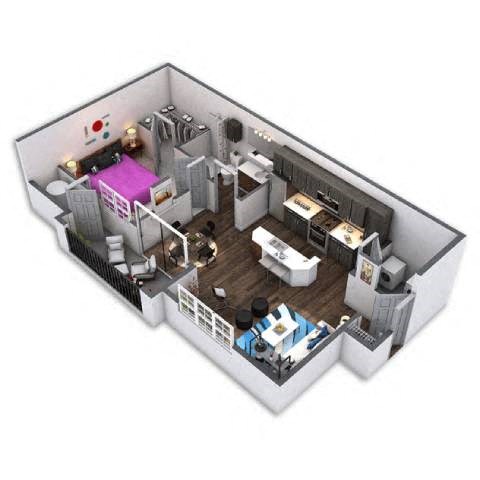 Floor plan for 1 bed, 1 bath, 672 sqft