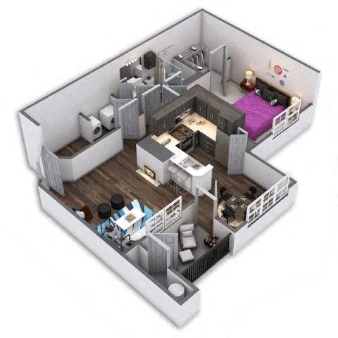 Floor plan for 1 bed, 1 bath, 805 sqft
