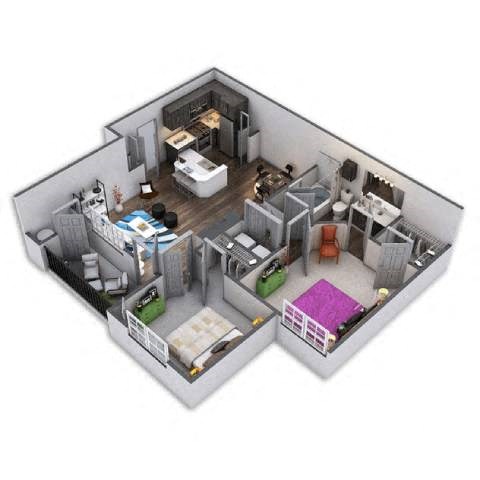 Floor plan for 2 beds, 1 bath, 905 sqft