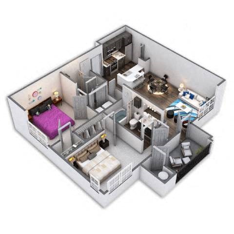 Floor plan for 2 beds, 2 baths, 975 sqft