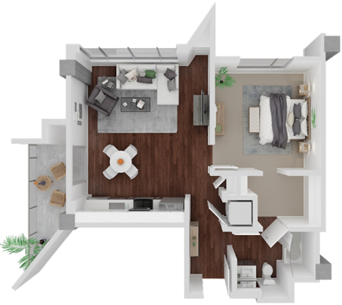 Floor plan for 1 bed, 1 bath, 673 sqft