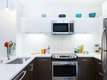 High gloss hopper-style upper cabinets with soft close hinges