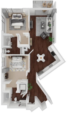 Floor plan for 2 beds, 2 baths, 1038 sqft