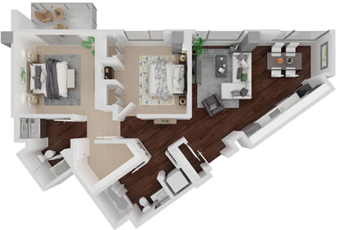 Floor plan for 2 beds, 2 baths, 1001 sqft