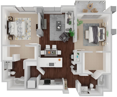 Floor plan for 2 beds, 2 baths, 981 sqft