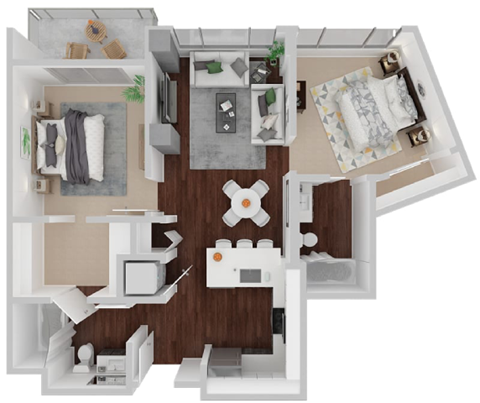 Floor plan for 2 beds, 2 baths, 883 sqft