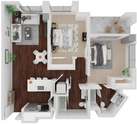 Floor plan for 2 beds, 2 baths, 987 sqft
