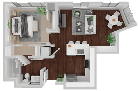 Floor plan for 1 bed, 1 bath, 631 sqft