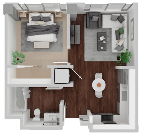 Floor plan for 1 bed, 1 bath, 501 sqft