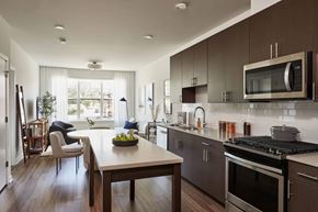 Park Ridge apartment for rent - A modern kitchen with a dining table and chairs.