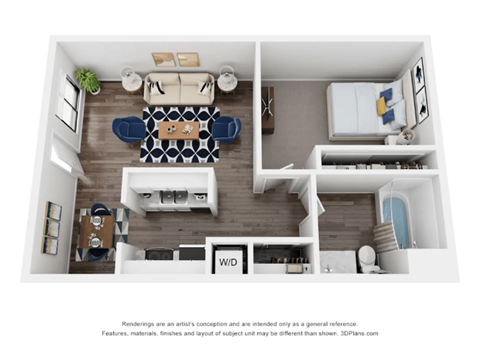 Floor plan for 1 bed, 1 bath, 740 sqft