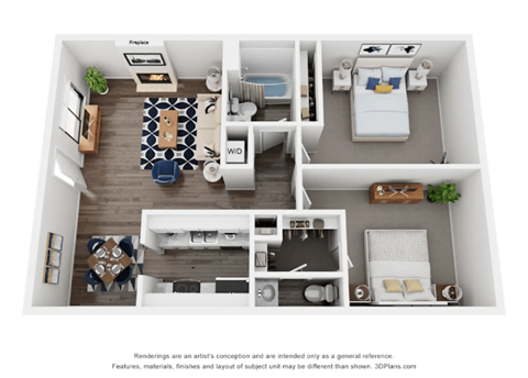 Floor plan for 2 beds, 1.5 baths, 879 sqft