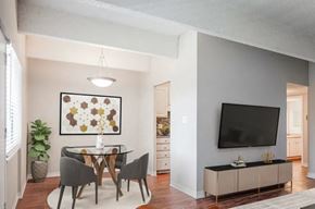 Aurora apartment for rent - A modern dining room with a glass table and chairs, a framed artwork on the wall, and a television on a cabinet.